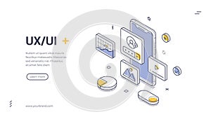 UX UI design mobile phone user interface development isometric web banner template line vector