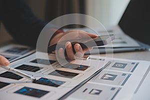 UX UI design process for modish mobile application and website . Creative prototype of wireframe for professional app developer