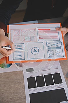 UX UI design process for modish mobile application and website . Creative prototype of wireframe for professional app developer