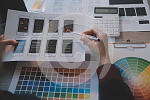 UX UI design process for modish mobile application and website . Creative prototype of wireframe for professional app developer