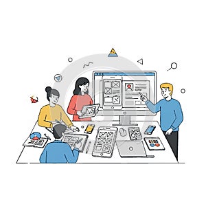 UX UI Design Team Collaborating on Responsive Web and Mobile App Wireframes