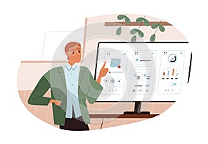 UX UI designer work at website interface. Person at computer screen during web design development. Developer presenting