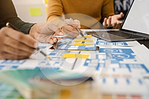 UX, UI developer and ui designer brainstorming about mobile app interface wireframe design with customer breif and color code at