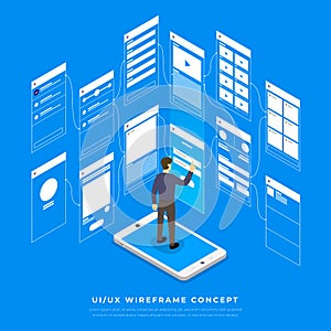UX UI Flowchart. Mock-ups mobile application concept isometric