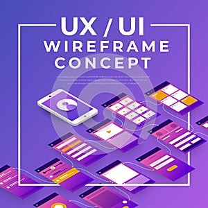 UX UI Flowchart. Mock-ups mobile application concept isometric