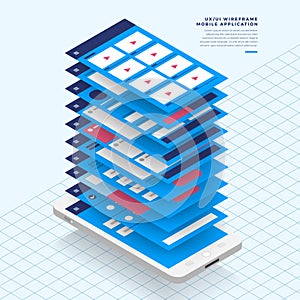 UX UI Flowchart. Mock-ups mobile application concept isometric