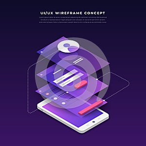 UX UI Flowchart. Mock-ups mobile application concept isometric
