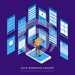 UX UI Flowchart. Mock-ups mobile application concept isometric