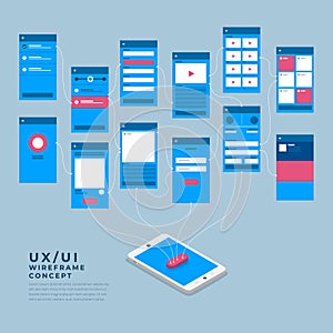 UX UI Flowchart. Mock-ups mobile application concept isometric