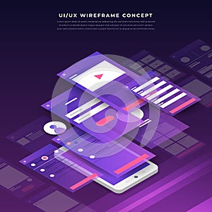 UX UI Flowchart. Mock-ups mobile application concept isometric