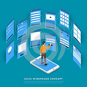 UX UI Flowchart. Mock-ups mobile application concept isometric
