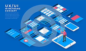 UX UI Flowchart. Mock-ups mobile application concept isometric