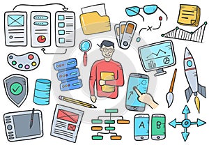 Ux user experience graphid designer jobs career profession doodle hand drawn set collections with flat outline style