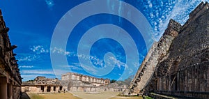 UXMAL, MEXICO - FEB 28, 2016: Tourists between the Nun`s Quadrangle Cuadrangulo de las Monjas building complex and the