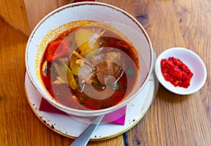 Uyghur laghman in soup plate