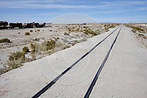 Railway lines next to The Cementerio de Trenes\' or Great Train Graveyard. Uyuni, Bolivia, October 11, 2023. photo