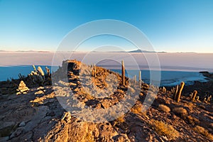 Uyuni Salt Flat on the Bolivian Andes at sunrise