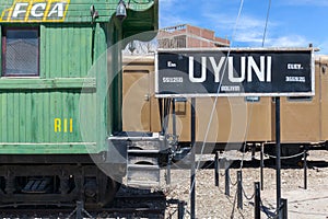 Uyuni train station old carriage. amazing salt plains in the Andean mountains