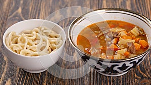 Uzbek lamian on a wooden table