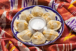 Uzbek national food manti on traditional fabric adras