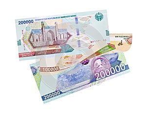 Uzbek Som banknotes isolated on white