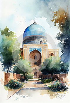 Uzbekistan architecture, fine art watercolor. AI generative content. Middle East