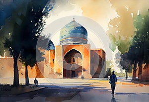 Uzbekistan architecture, fine art watercolor. Middle East. AI generative content