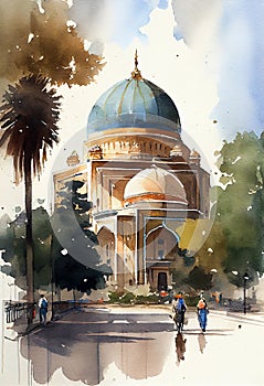 Uzbekistan architecture, Samarkand. Watercolor artwork. AI generative content