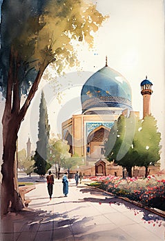 Uzbekistan architecture, Tashkent, Samarkand. Watercolor artwork. AI generative content