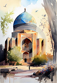 Uzbekistan architecture, Tashkent, Samarkand. Watercolor artwork. AI generative content