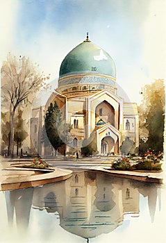 Uzbekistan architecture, Tashkent. Watercolor artwork. AI generative content