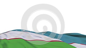 Uzbekistan fabric flag waving on the wind loop. Uzbek embroidery stiched cloth banner swaying on the breeze. Half-filled white