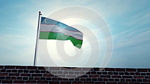 Uzbekistan flag waving on flagpole above wall - 3d video animation