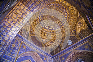 Uzbekistan, Samarkand decorated ceilings of the Till Kari Madrasa at the Register Square