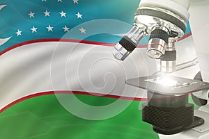Uzbekistan science development concept - microscope on flag background. Research in medicine or nanotechnology 3D illustration of