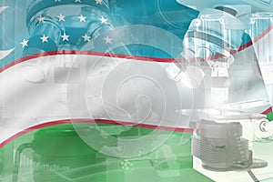 Uzbekistan science development conceptual background - microscope on flag. Research in biology or pharmaceutical industry, 3D