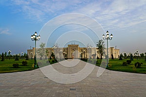 UZBEKISTAN, TASHKENT - MAY 25, 2023: The territory of the park New Uzbekistan with Monument of Independence in the form photo