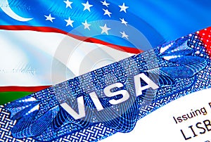 Uzbekistan Visa in passport. USA immigration Visa for Uzbekistan citizens focusing on word VISA. Travel Uzbekistan visa in
