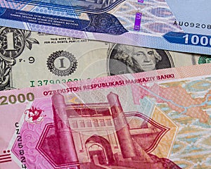 Uzbekistani sum and US dollar banknotes