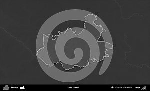 Uzda District highlighted, Belarus. Grayscale