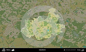 Uzda District highlighted, Belarus. Topographic Humanitarian