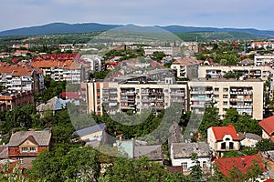 Uzhhorod city landscape with houses roofs in Zakarpattya, Ukraine