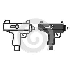 Uzi submachine gun line and solid icon. Automatic machine weapon symbol, outline style pictogram on white background