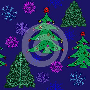 Vector seamless pattern with green Christmas trees and multi-colored snowflakes on a dark blue background.