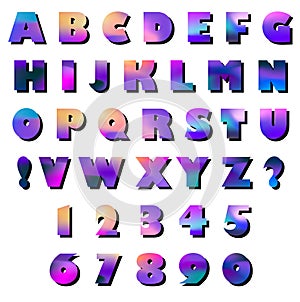 Latin capital letters, exclamation, question marks and numbers: 1, 2, 3, 4, 5, 6, 7, 8, 9, 0. Vector set of elements with gradient