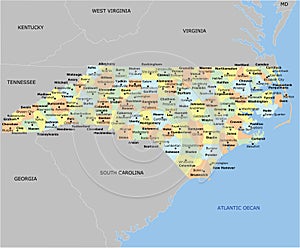 North Carolina County Map with 100 counties