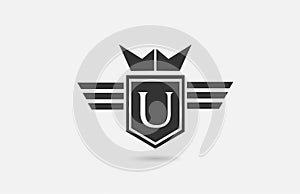 V alphabet letter logo icon for company in black and white. Creative badge design with king crown wings and shield for business