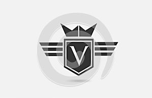 V alphabet letter logo icon for company in black and white. Creative badge design with king crown wings and shield for business