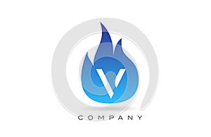 V blue fire flames alphabet letter logo design. Creative icon template for company and business