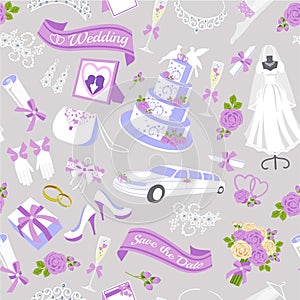 V Bridal showel seamless pattern vector illustration. Beautiful bride, bouquet, wedding car and cake, accesories. Bridal